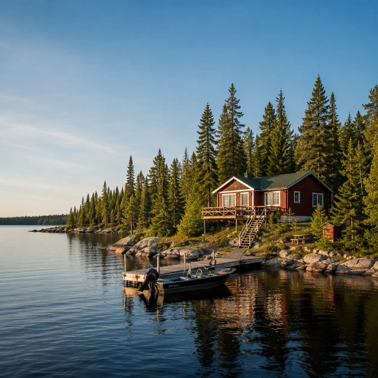 Red waterfront fishing cabin and boat on a Northern Ontario lake