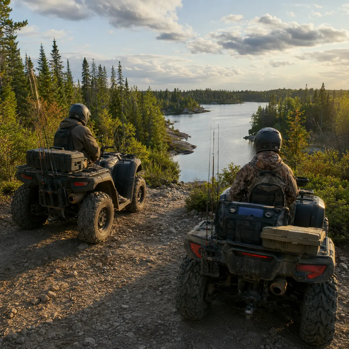 ATV riders overlooking a remote lake between Gowganda and Gogama