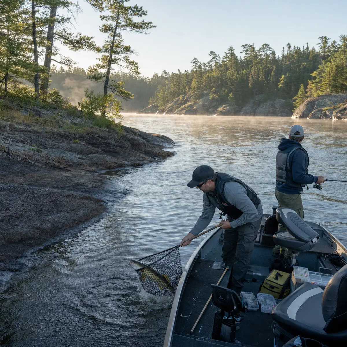 Anglers netting a walleye beside a rocky French River shoreline