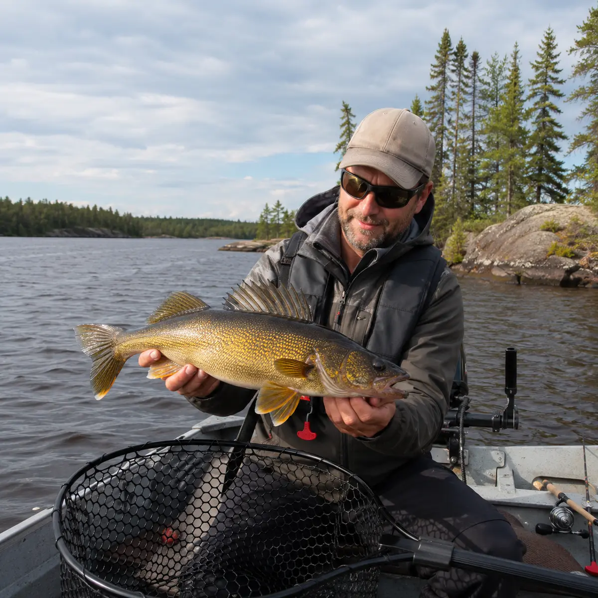 Angler holding a walleye on Lac Seul near Ear Falls