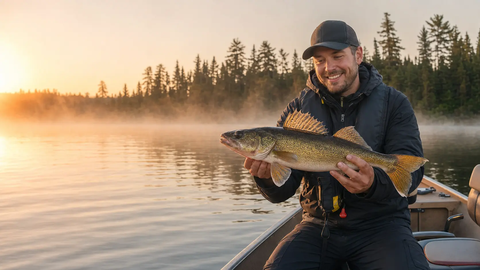 Angler holding a golden walleye on a misty Ontario lake at sunrise