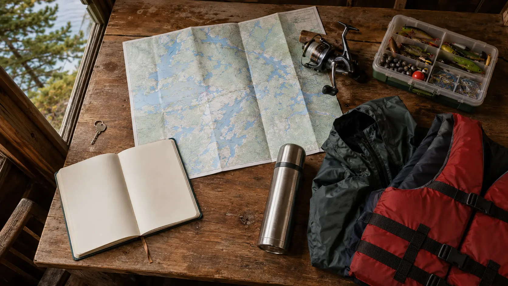 Ontario fishing map, tackle and travel gear on a cabin table